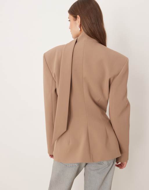 ASOS DESIGN cinch shoulder pad blazer with scarf co ord in mocha