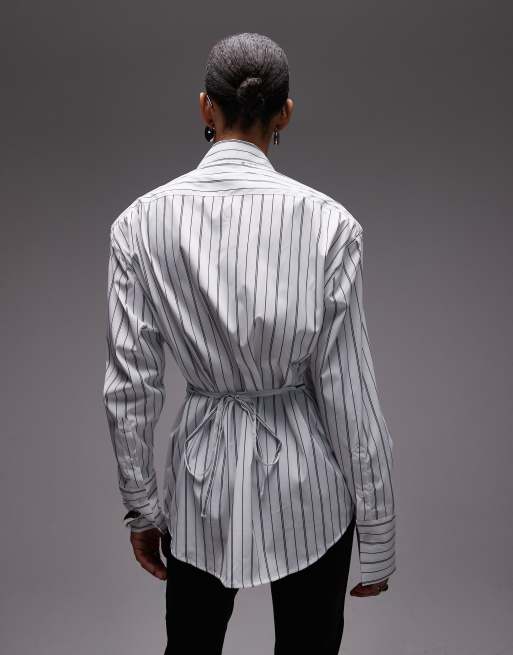 ASOS DESIGN cinch waist shirt with shoulder pads in navy pinstripe