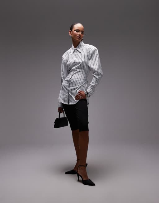 ASOS DESIGN cinch waist shirt with shoulder pads in navy pinstripe