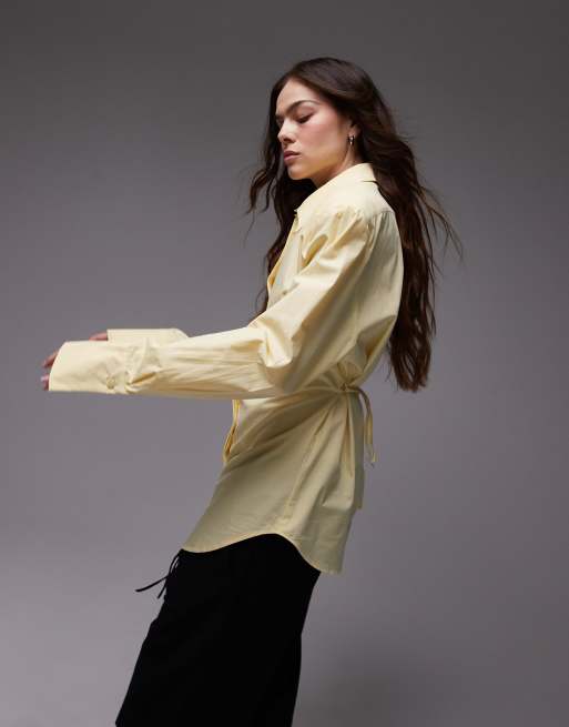 ASOS DESIGN cinch shoulder pad shirt with tie back in buttermilk, 3 of 4