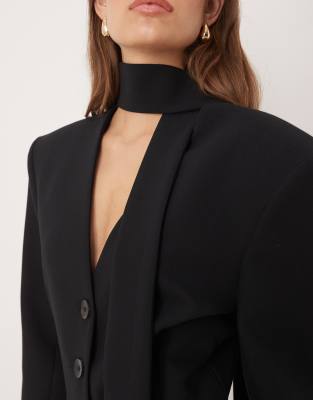 Asos Design Cinch Shoulder Pads Blazer With Scarf In Black