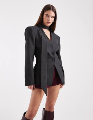 Asos Design Cinch Shoulder Pads Blazer With Scarf In Gray