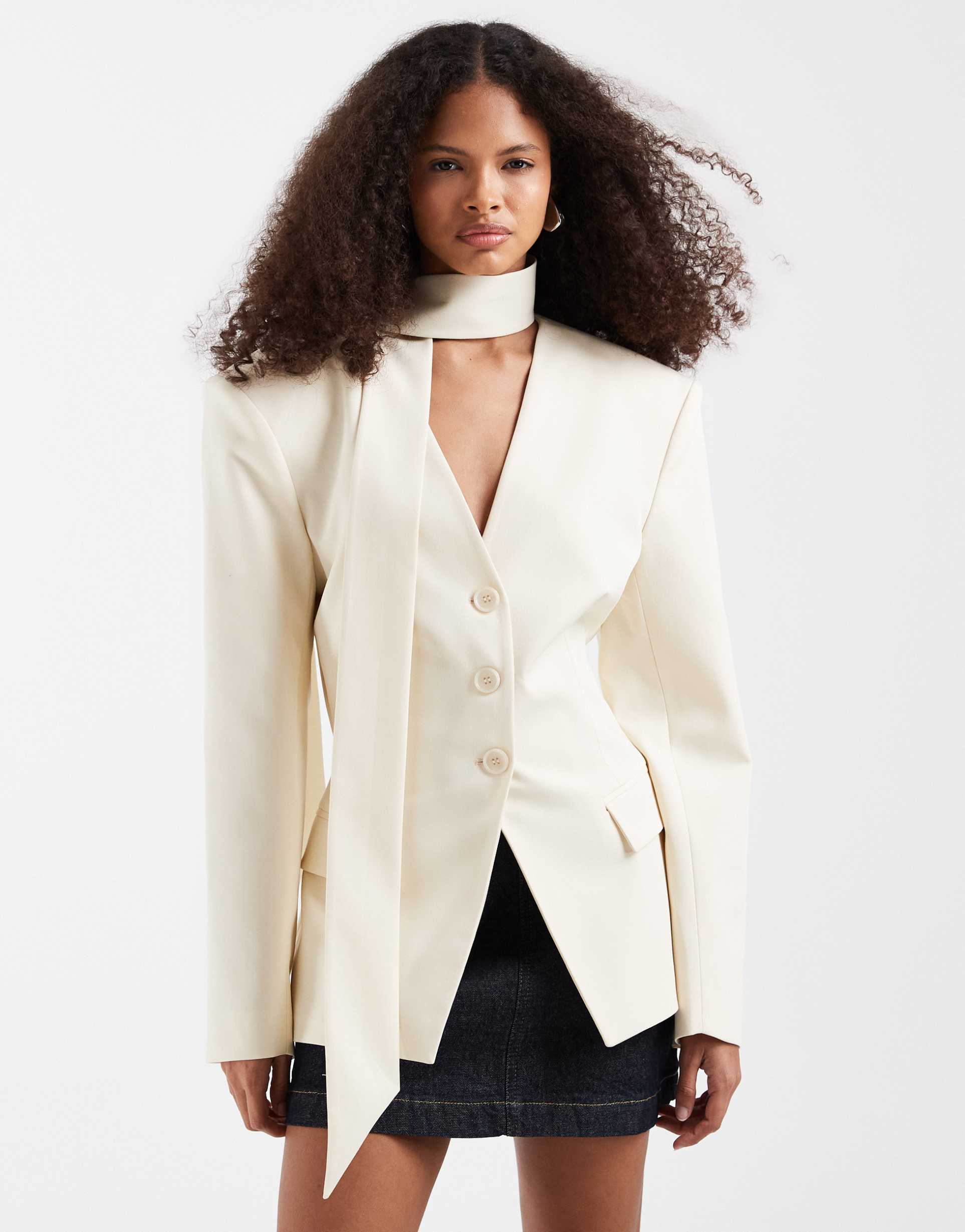 asos design cinch shoulder pads blazer with scarf in ivory