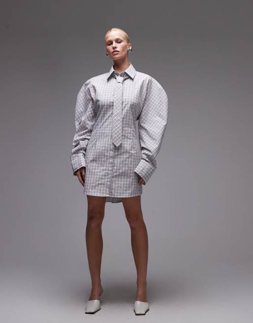 ASOS DESIGN cinch tie back shirt dress with tie in plaid