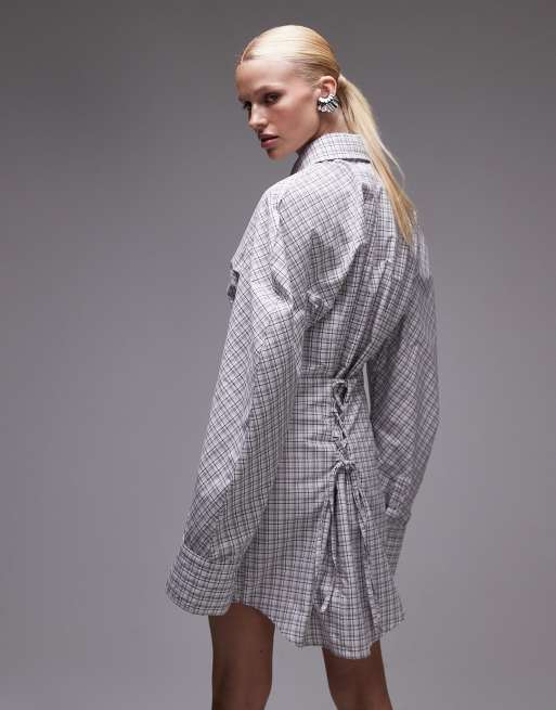 ASOS DESIGN cinch tie back shirt dress with tie in plaid