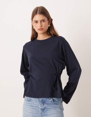 ASOS DESIGN ASOS DESIGN cinch tie side detail long sleeve tee in navy-Multi