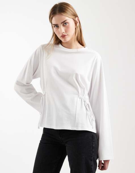 ASOS DESIGN cinch tie side detail long sleeve tee in white - view 1