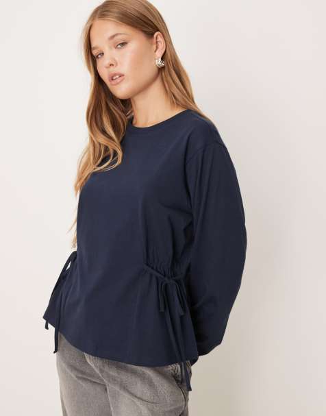 ASOS DESIGN cinch tie side detailing long sleeve tee in navy - view 1