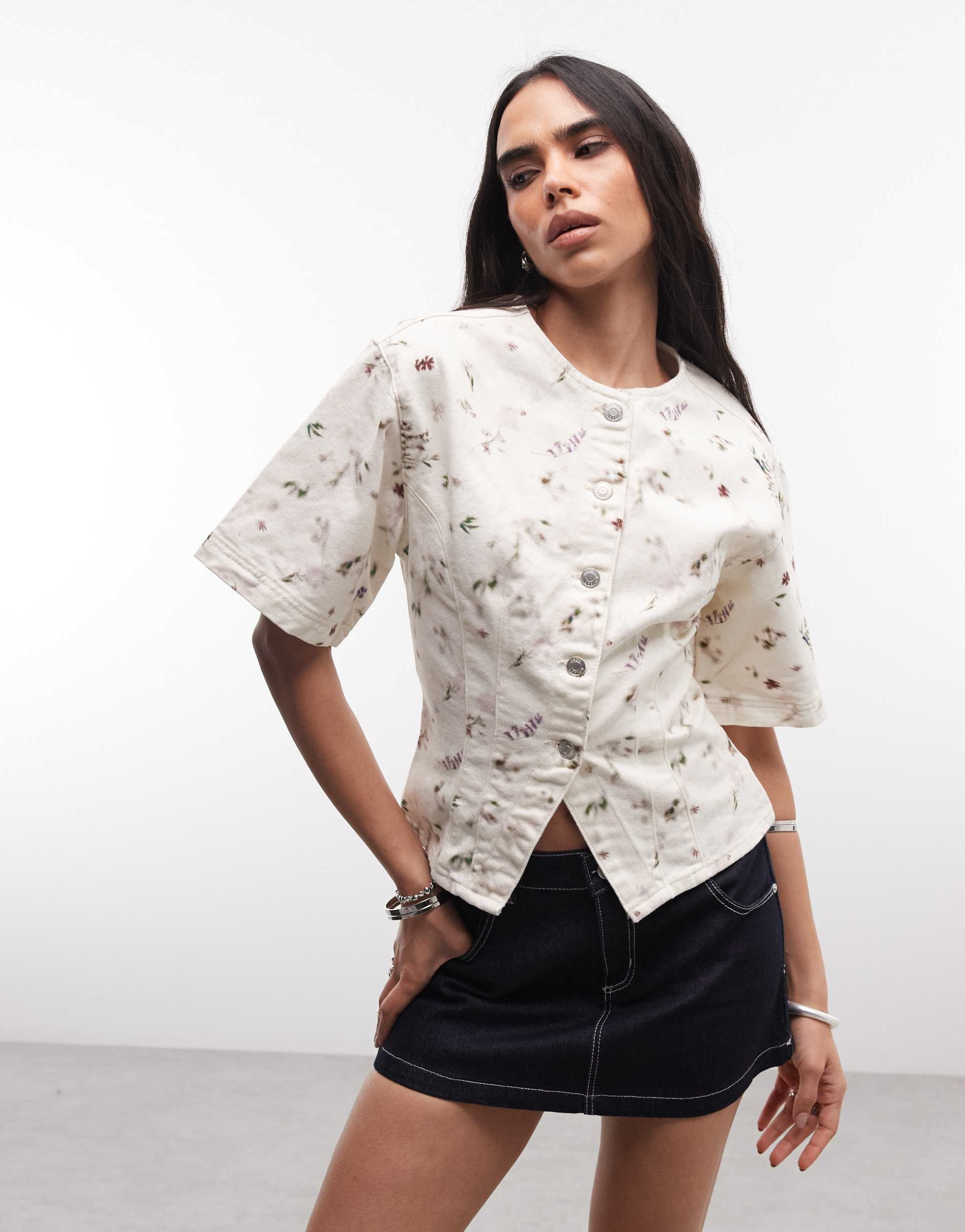 asos design cinch top in floral denim