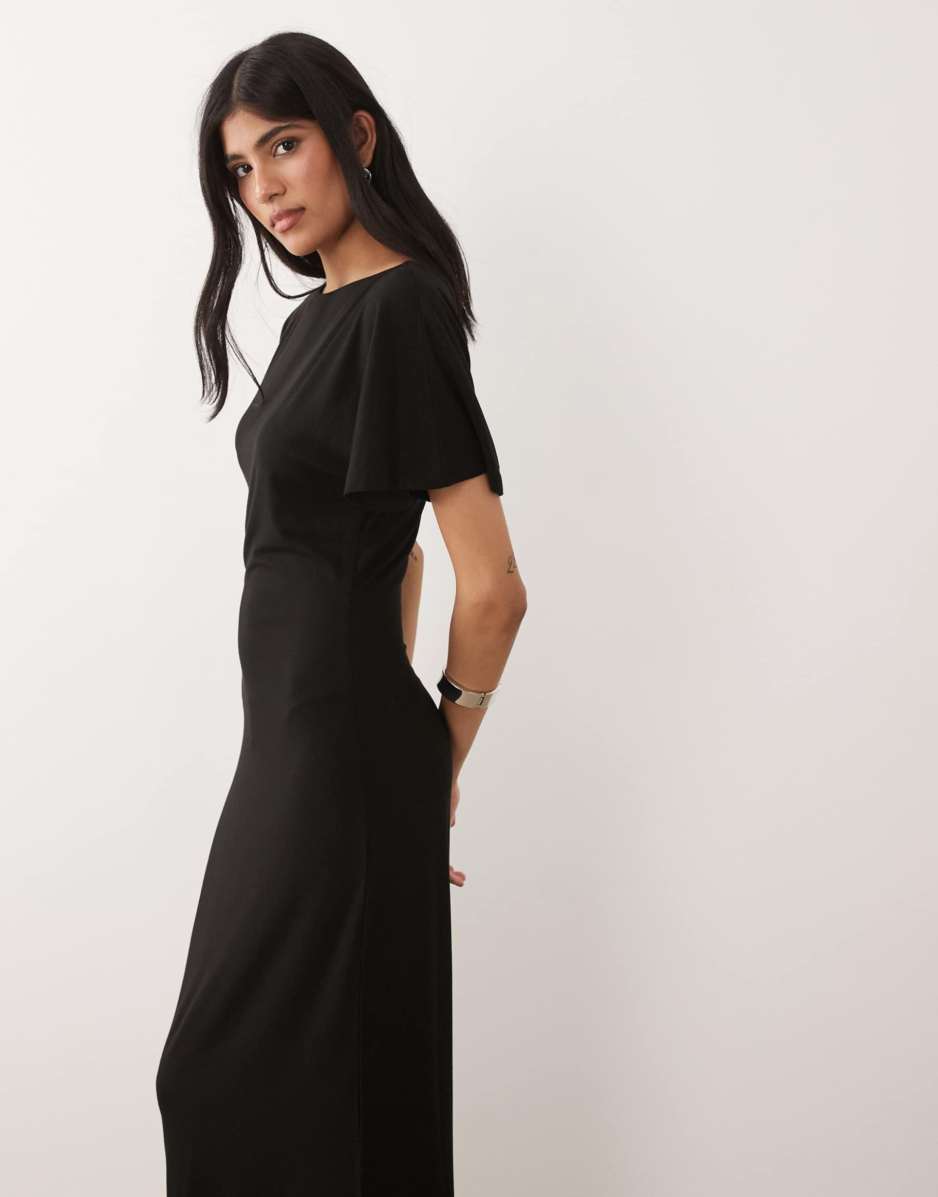 asos design cinch waist angle sleeve miadaxi dress with v back detail in black