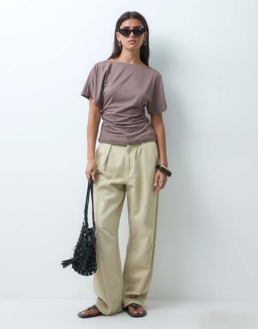ASOS DESIGN cinch waist angle sleeve tee with v back detail in brown, 2 of 4