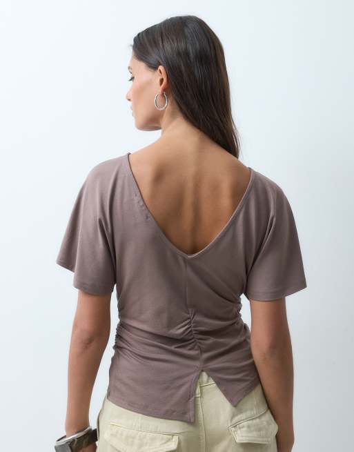 ASOS DESIGN cinch waist angle sleeve tee with v back detail in brown, 4 of 4