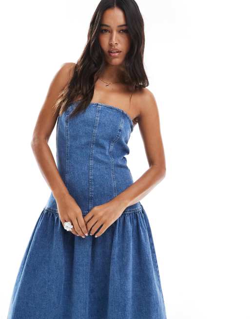 sachin and babi light blue dress ASOS DESIGN cinch waist bandeau denim midi dress with dropped waist in mid  blue