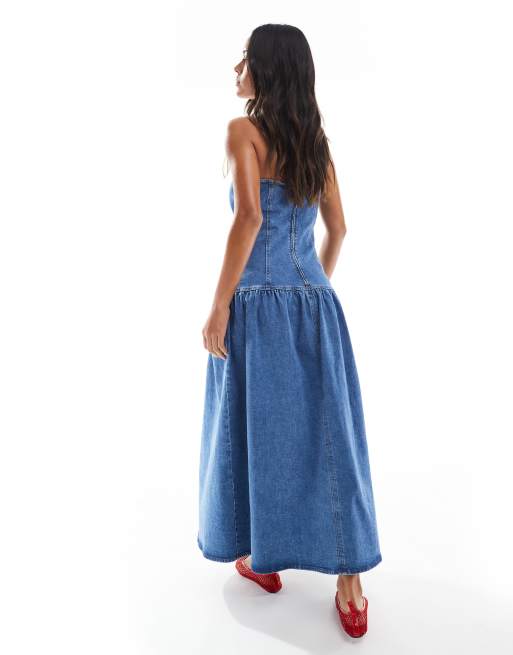 ASOS DESIGN cinch waist bandeau denim midi dress with dropped waist in mid  blue