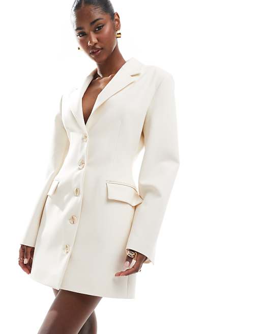 white blazer dress women Hfyihgf for Elegant Notched V Neck Long Sleeve Formal Dress Double Breasted Work Business Bodycon Dresses(White,M) functional pocket flaps add structure Monica White Blazer Dress |