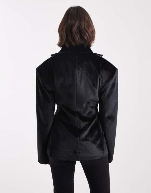 ASOS DESIGN cinch waist blazer in black velvet, 3 of 4