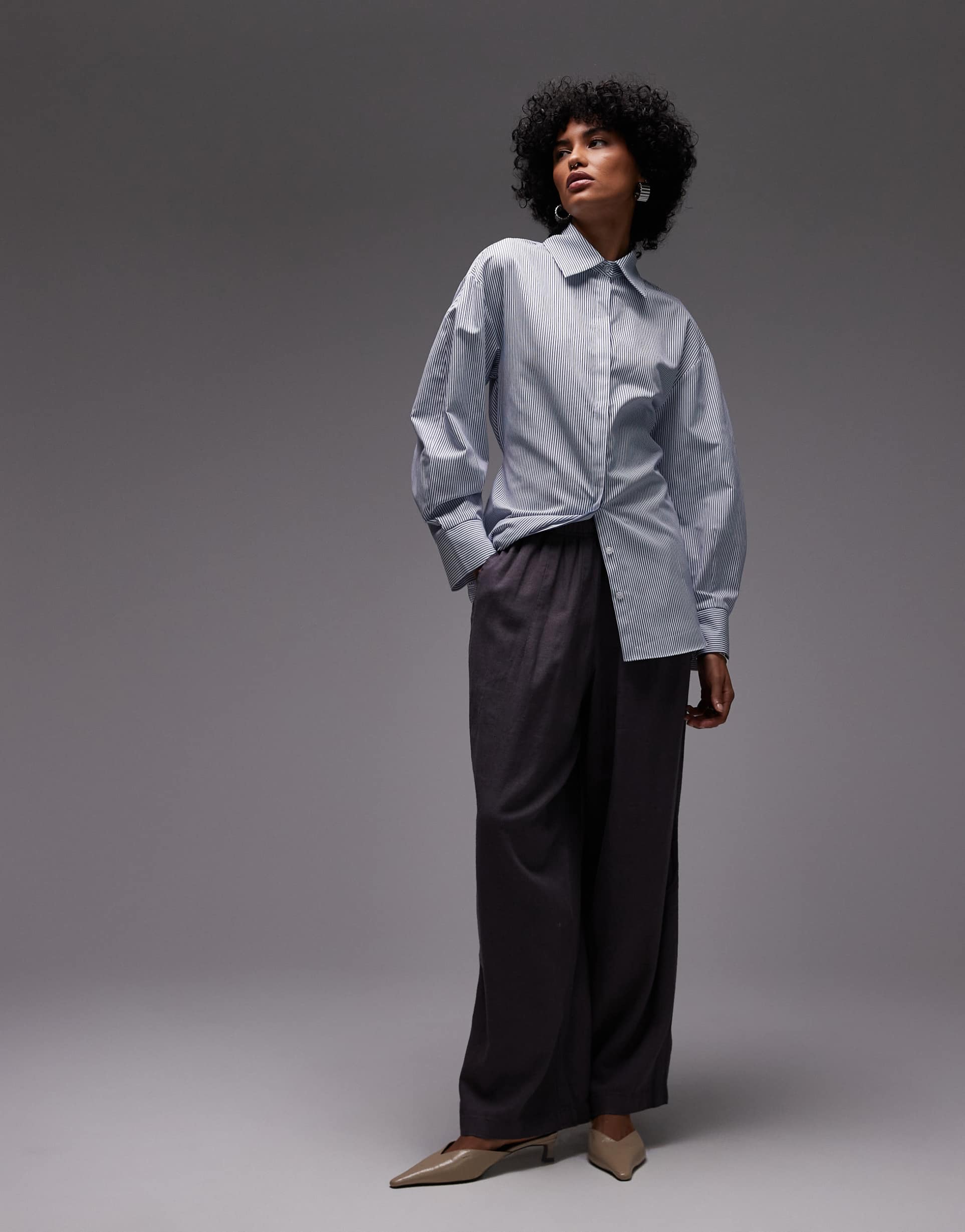 asos design cinch waist cocoon sleeve shirt in blue stripe