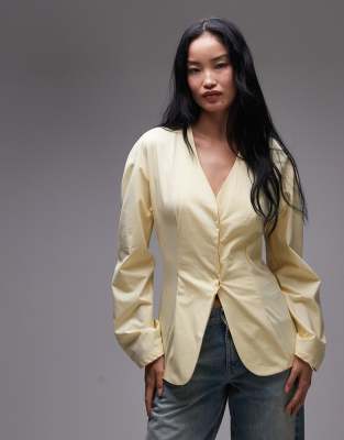 cinch waist cocoon sleeves shirt in buttermilk-Yellow