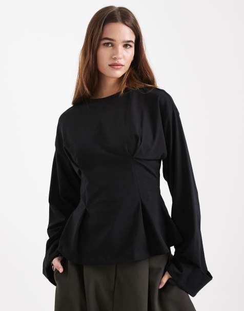 ASOS DESIGN cinch waist deep cuff long sleeve tee black