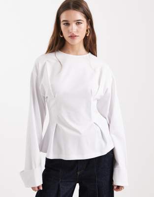 Asos Design Cinch Waist Deep Cuff Long Sleeve Tee In White