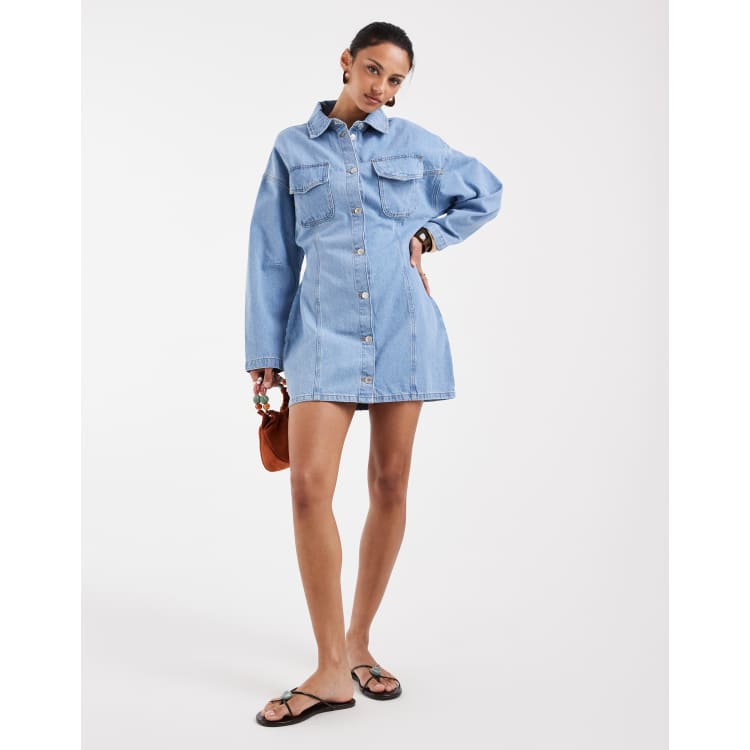 cinched waist denim shirt dress Cinched Waist Button Down Turn Up Hem Detail Mini Dress In Indigo Blue Denim  | EGO US