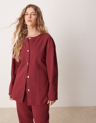 Asos Design Cinch Waist Denim Shirt In Pomegranate-red