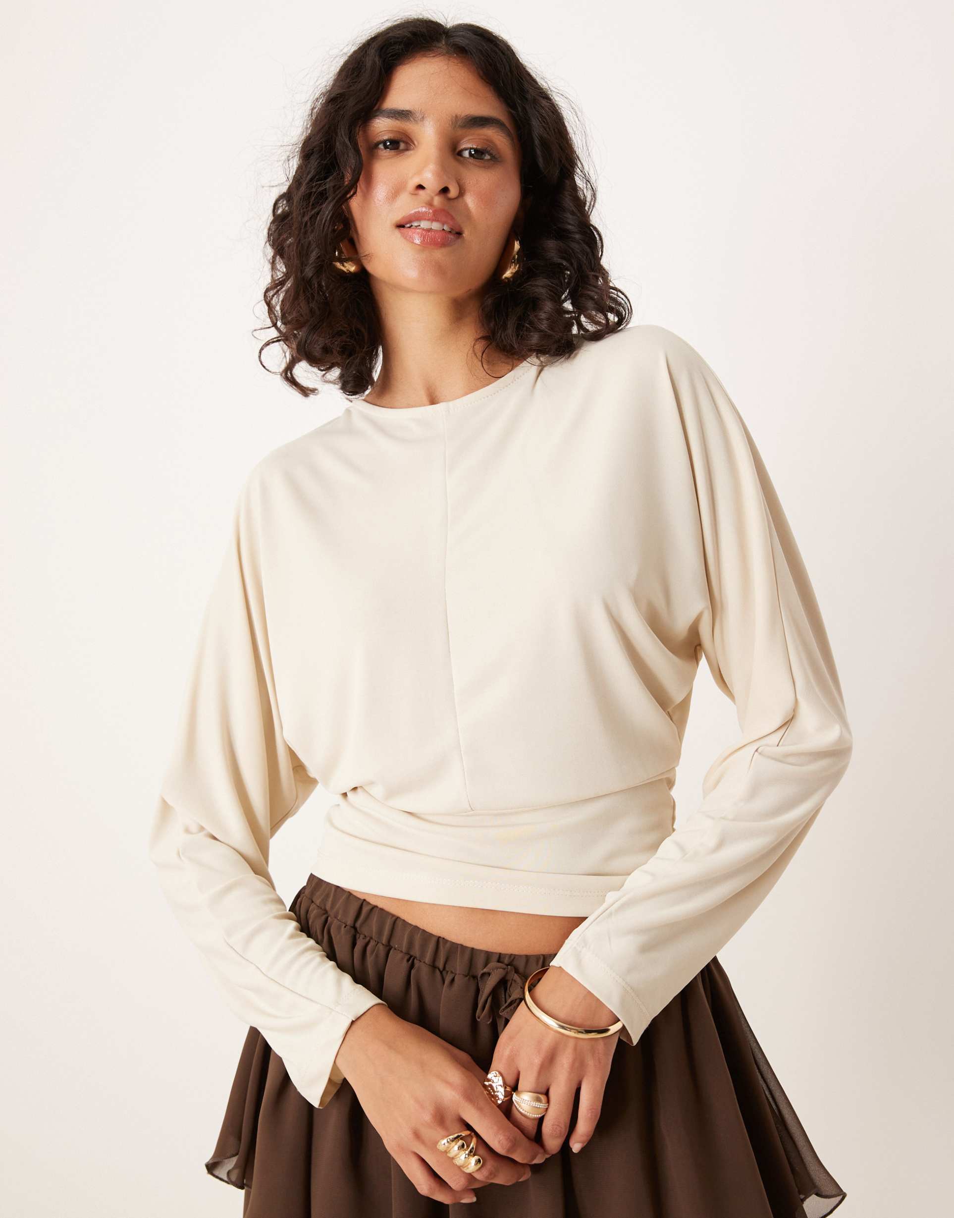 asos design cinch waist long sleeve t-shirt with open back in cream
