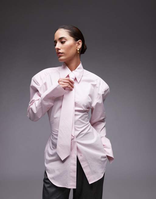 ASOS DESIGN cinch waist shirt with shoulder pads and necktie in pink
