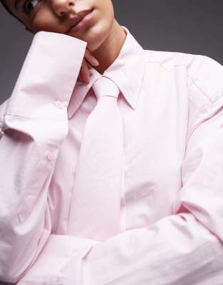 Asos Design Cinch Waist Shirt With Shoulder Pads And Necktie In Pink
