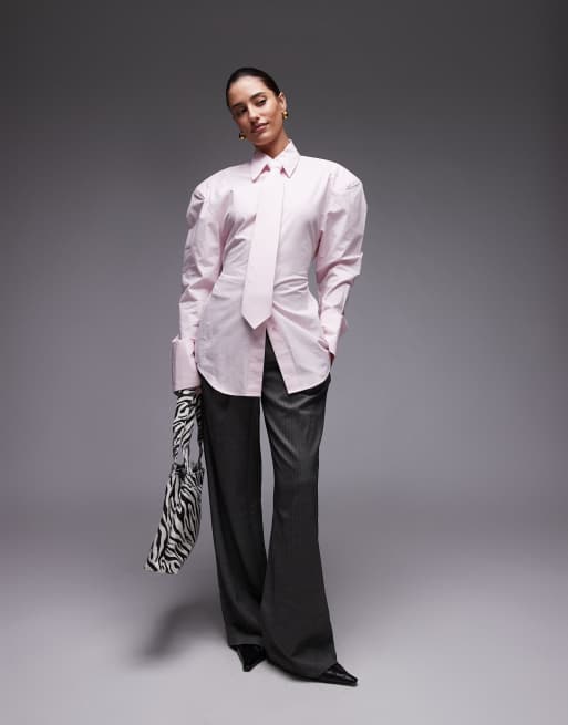 ASOS DESIGN cinch waist shirt with shoulder pads and necktie in pink