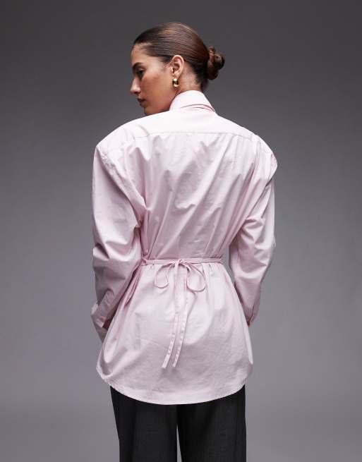 ASOS DESIGN cinch waist shirt with shoulder pads and necktie in pink