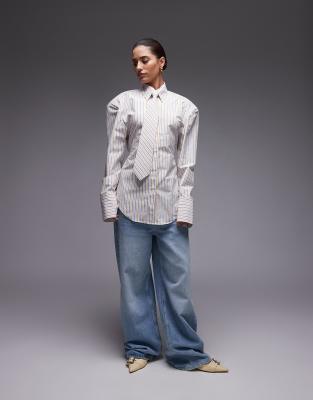 ASOS DESIGN cinch waist shirt with shoulder pads and necktie in yellow stripe