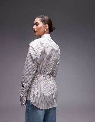 ASOS DESIGN cinch waist shirt with shoulder pads and necktie in yellow stripe