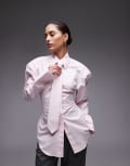 [ASOS DESIGN] ASOS DESIGN cinch waist shirt with shoulder pads and tie in pink S Light pink