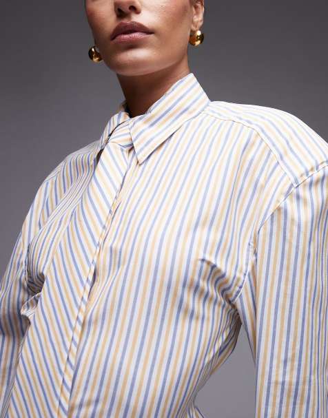 ASOS DESIGN cinch waist shirt with shoulder pads and tie in yellow stripe - view 1
