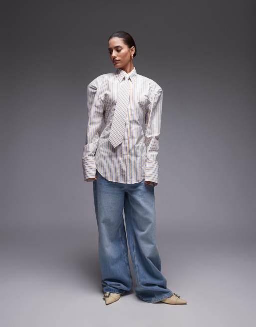 ASOS DESIGN cinch waist shirt with shoulder pads and necktie in yellow stripe
