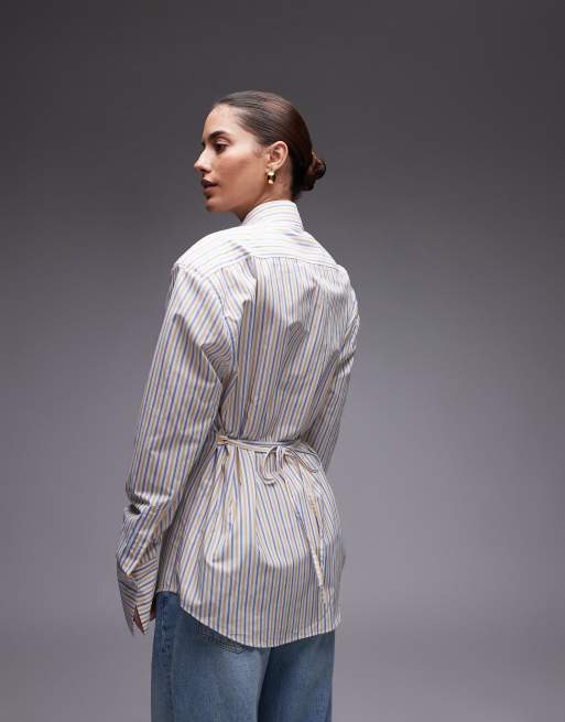 ASOS DESIGN cinch waist shirt with shoulder pads and necktie in yellow stripe