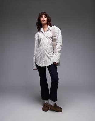ASOS DESIGN cinch waist shirt with shoulder pads in brown stripe