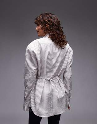 ASOS DESIGN cinch waist shirt with shoulder pads in brown stripe