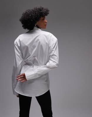 Asos Design Cinch Waist Shirt With Shoulder Pads In White