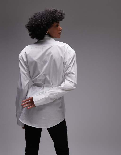 ASOS DESIGN cinch waist shirt with shoulder pads in white