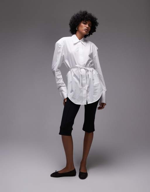 ASOS DESIGN cinch waist shirt with shoulder pads in white