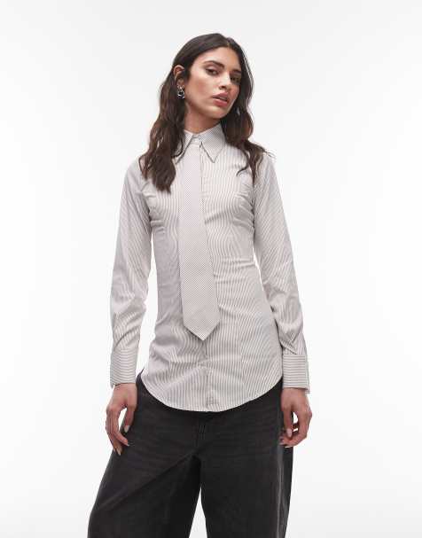 ASOS DESIGN cinch waist shirt with tie in beige stripe