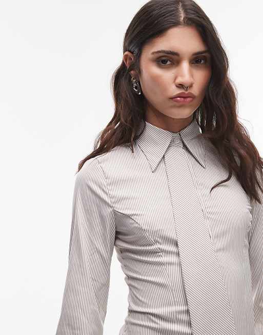 ASOS DESIGN cinch waist shirt with tie in beige stripe | ASOS ASOS DESIGN cinch waist shirt with tie in beige stripe | ASOS