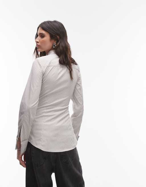 ASOS DESIGN cinch waist shirt with tie in beige stripe