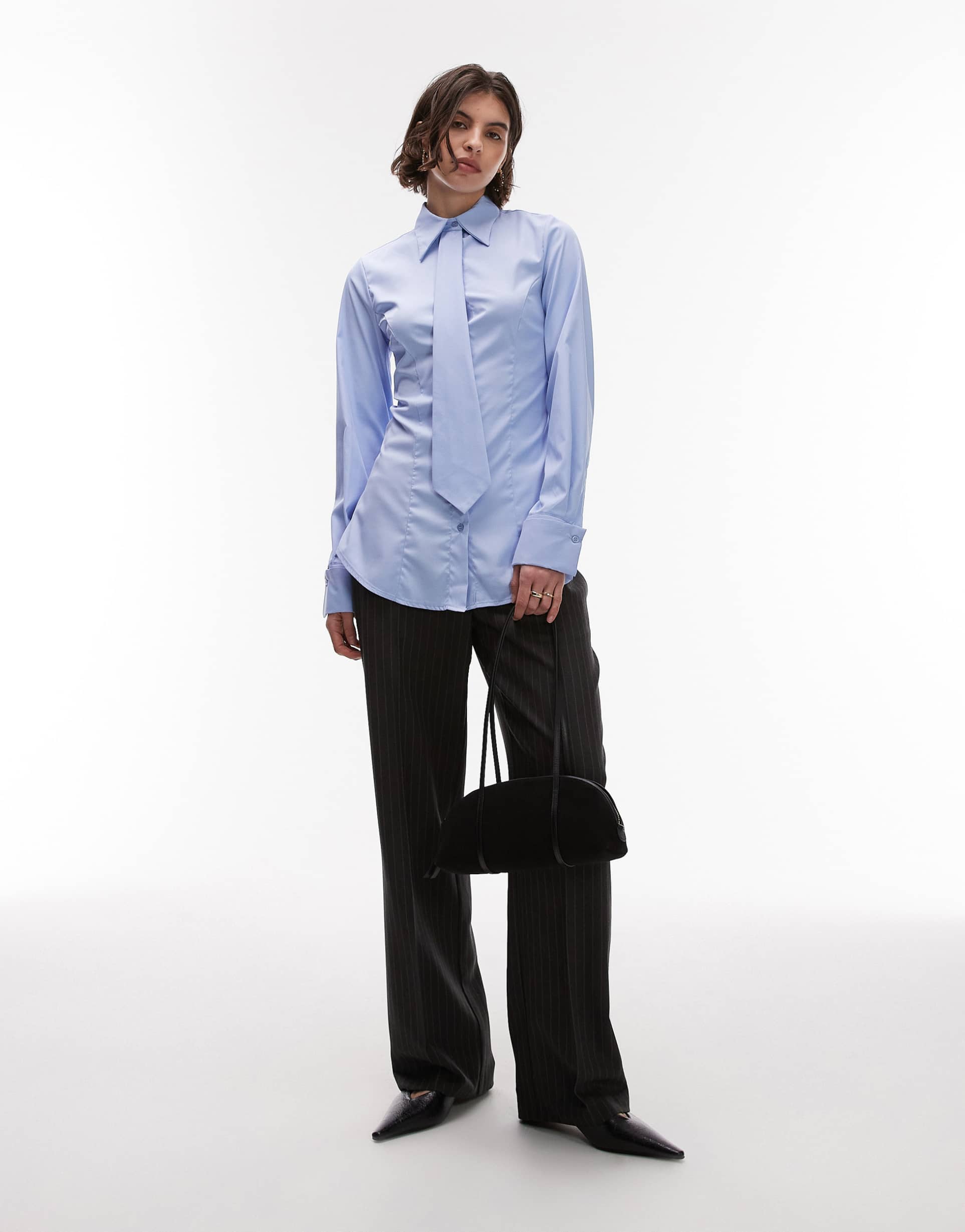 asos design cinch waist shirt with tie in oxford blue