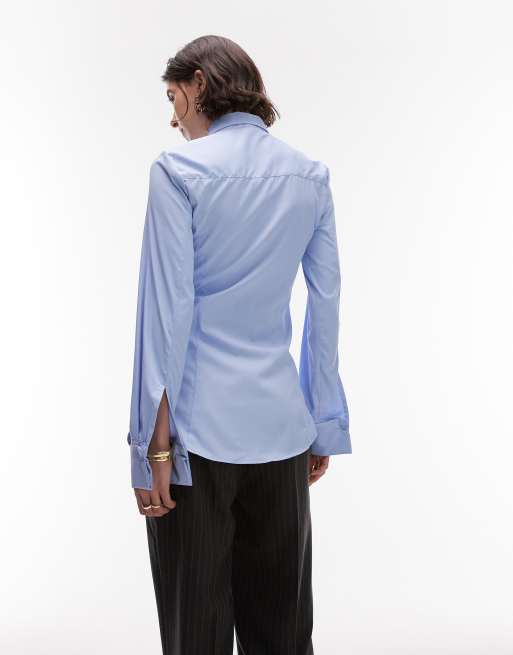 ASOS DESIGN cinch waist shirt with tie in oxford blue