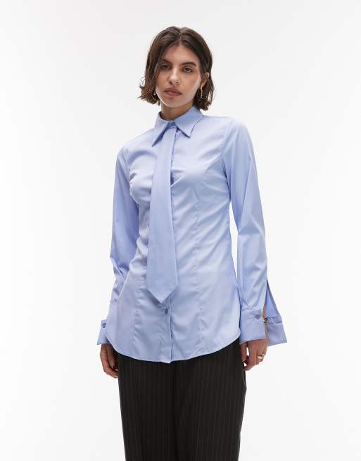 ASOS DESIGN cinch waist shirt with tie in oxford blue
