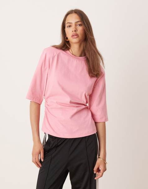 ASOS DESIGN cinch waist shoulder pad basic tee in pink - view 1