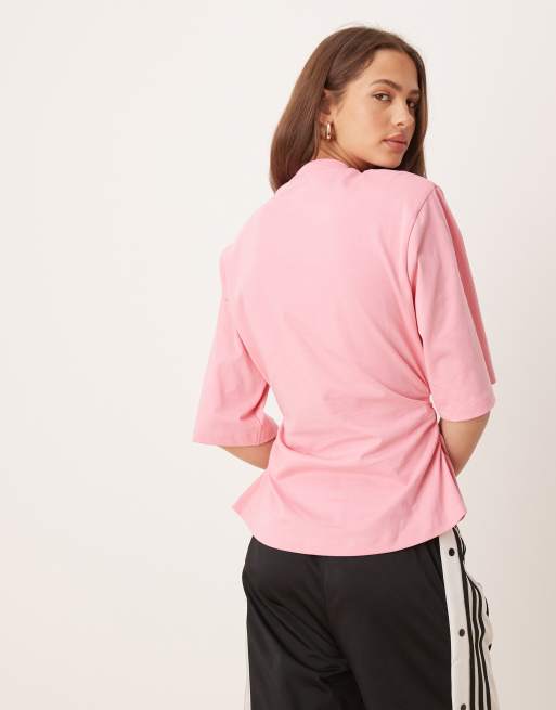 ASOS DESIGN cinch waist shoulder pad basic tee in pink